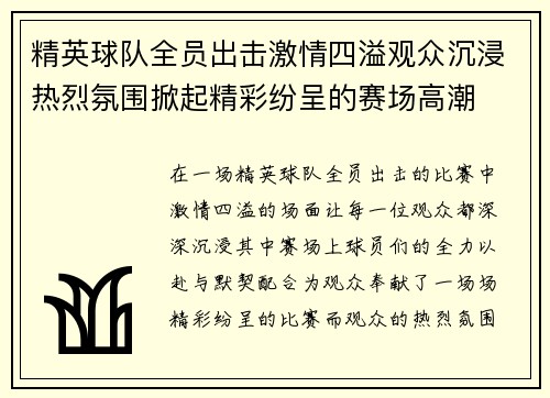 精英球队全员出击激情四溢观众沉浸热烈氛围掀起精彩纷呈的赛场高潮