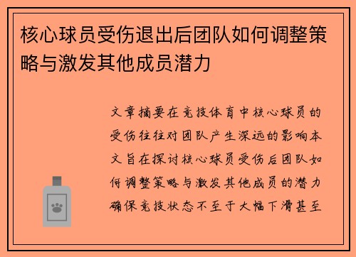 核心球员受伤退出后团队如何调整策略与激发其他成员潜力