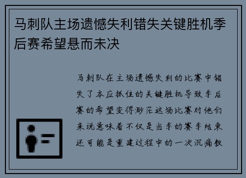 马刺队主场遗憾失利错失关键胜机季后赛希望悬而未决