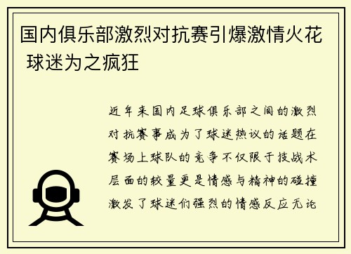 国内俱乐部激烈对抗赛引爆激情火花 球迷为之疯狂