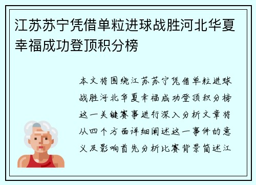 江苏苏宁凭借单粒进球战胜河北华夏幸福成功登顶积分榜