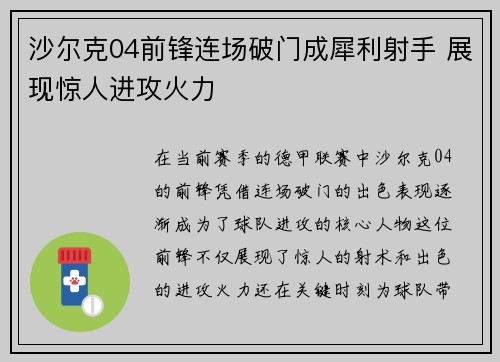 沙尔克04前锋连场破门成犀利射手 展现惊人进攻火力