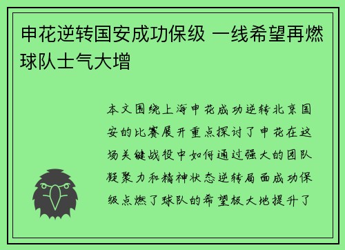 申花逆转国安成功保级 一线希望再燃球队士气大增