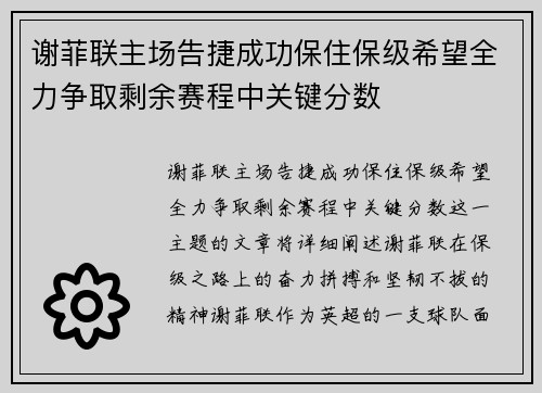 谢菲联主场告捷成功保住保级希望全力争取剩余赛程中关键分数